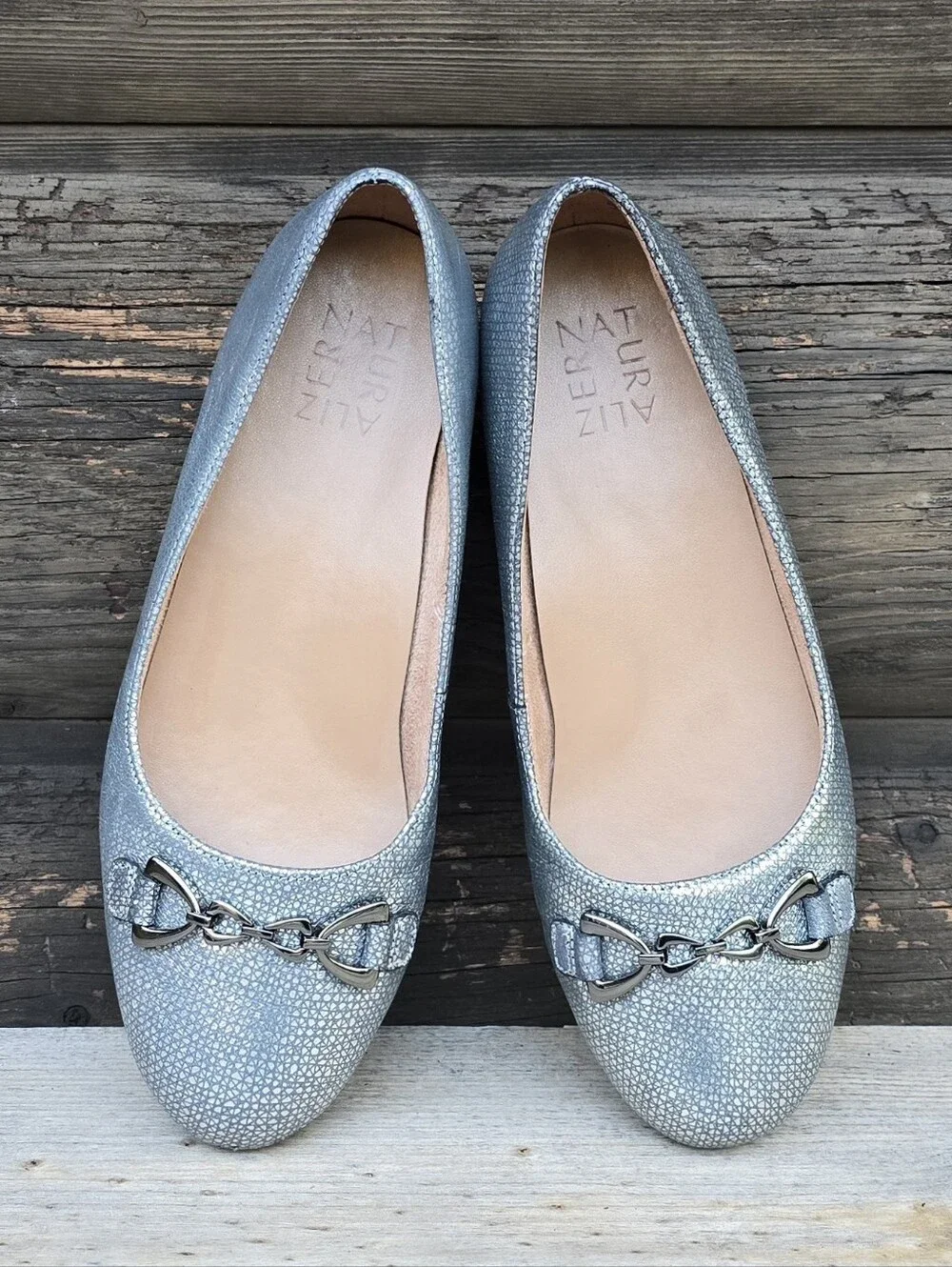 Naturalizer Maxwell Bit Y2K Preppy Glam Metallic Silver Comfort Bit Ballet Flats